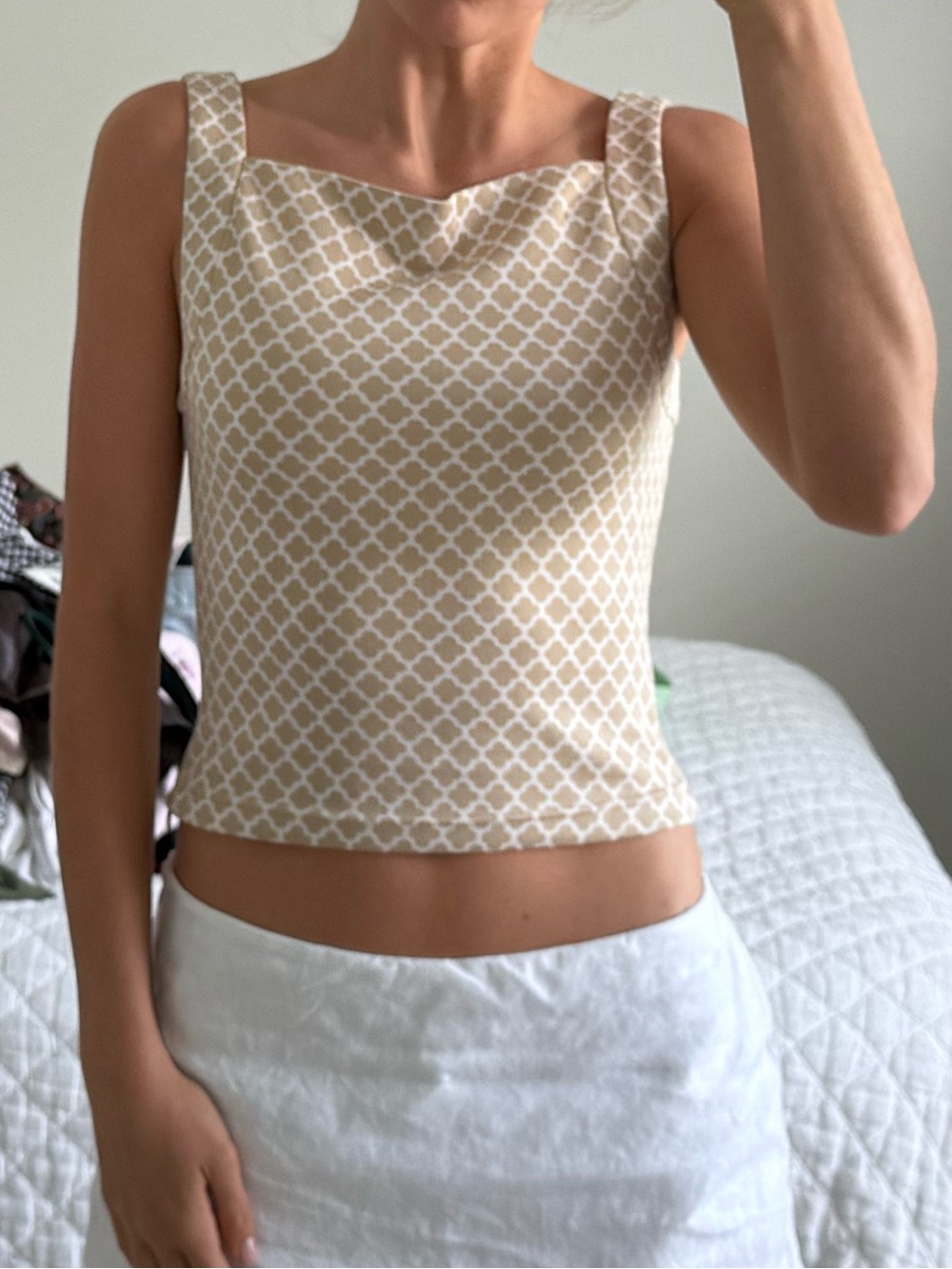 Reformation Beige Patterned Square-Neck Crop Top
